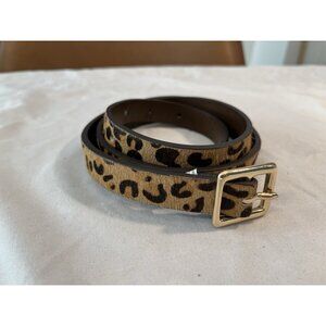 Leather & Calf Hair Belt Brass Leopard Print Buckle Tan Brown Sz S